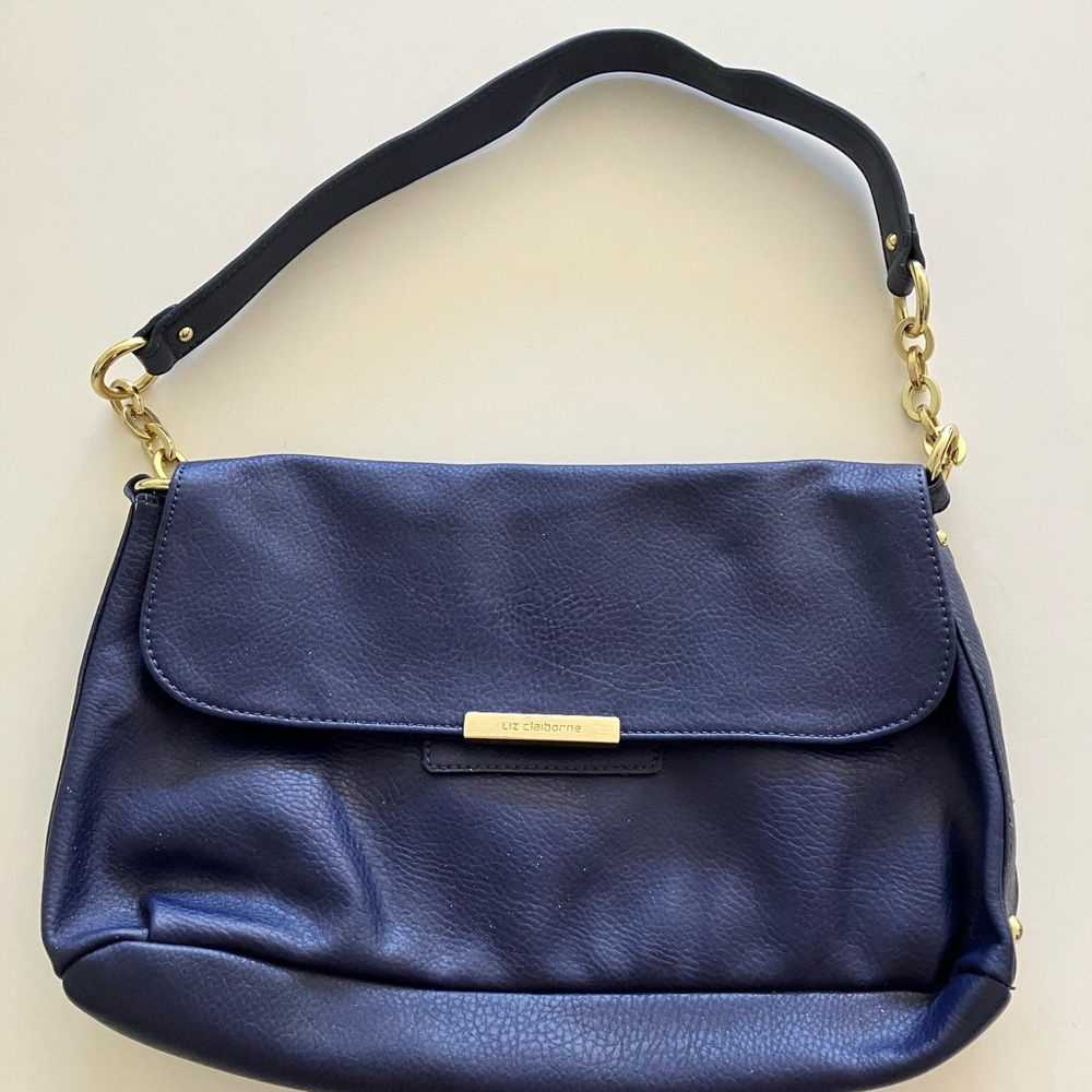Liz Claiborne Deep Navy Blue Leather Shoulder Bag with Gold Accents